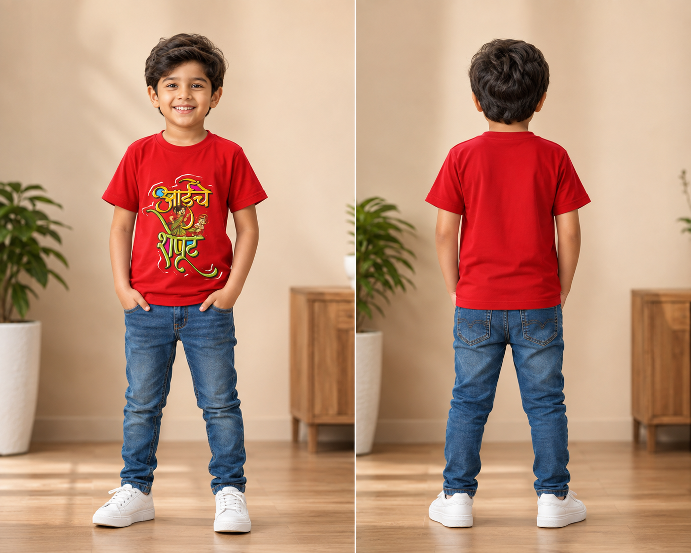 आईचे शेपूट Marathi Caption Kids T-Shirt | 100% Cotton Bio Wash | Funny Marathi Printed T-Shirt for Boys & Girls