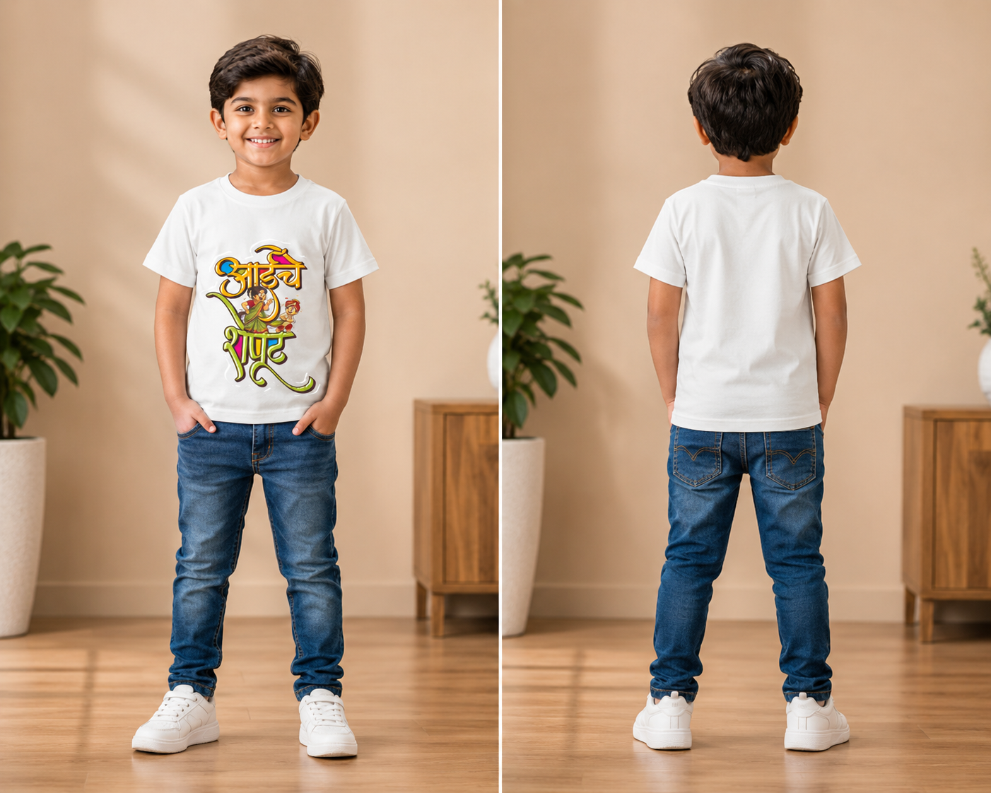 आईचे शेपूट Marathi Caption Kids T-Shirt | 100% Cotton Bio Wash | Funny Marathi Printed T-Shirt for Boys & Girls