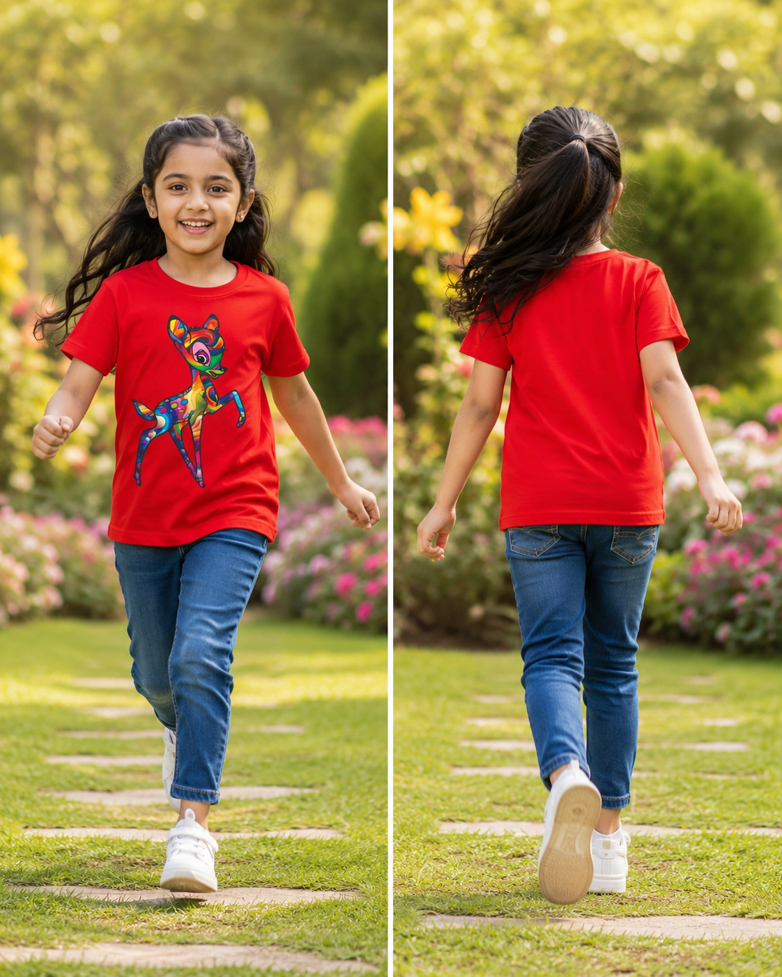 Rainbow Bambi Deer Printed Kids Cotton T-Shirt | Premium Bio Wash | Half Sleeve Round Neck