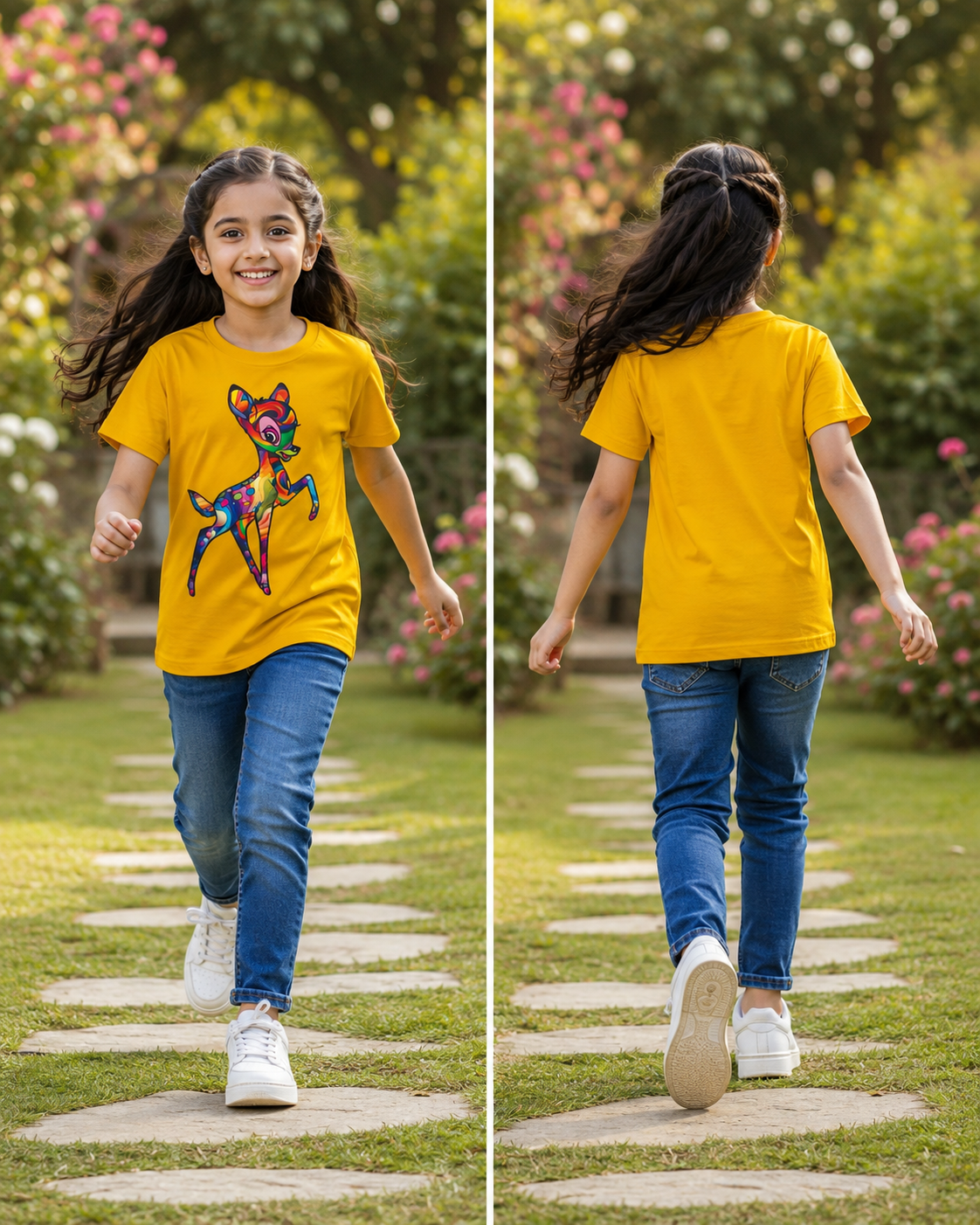 Rainbow Bambi Deer Printed Kids Cotton T-Shirt | Premium Bio Wash | Half Sleeve Round Neck
